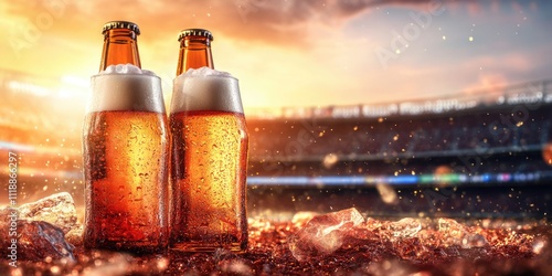 Refreshing bottles of Budweiser on ice, perfect for social gatherings or relaxation after work. Enjoy the coldest drinks at the stadium during games. photo