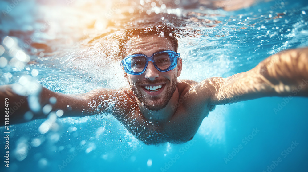 Fototapeta premium Carefree young man swimming, energetic sea water summer leisure, adventurous ocean holiday vacation swim, active recreational tropical, relaxing joyful adventurous.