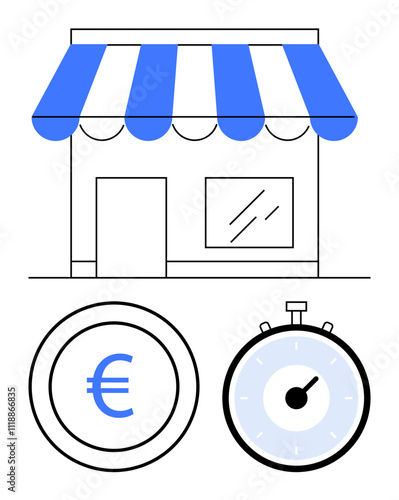 Small store with blue striped roof euro symbol in circle and stopwatch. Ideal for small business, economics, time management, retail, investment, finance, efficiency. Line metaphor