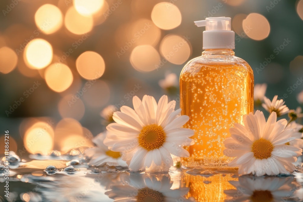 Orange liquid soap bottle with daisies in warm light Orange liquid soap bottle with daisies in warm light
