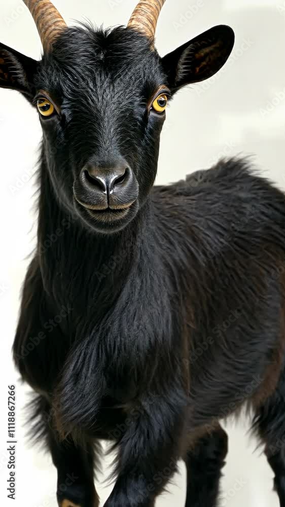 Black goat poses for a close-up in a light background showcasing its unique features and playful demeanor Black goat poses for a close-up in a light background showcasing its unique features and playful demeanor