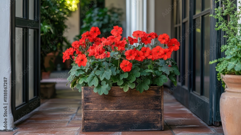 Vibrant Red Geraniums in Wooden Planter on Patio Entrance Vibrant Red Geraniums in Wooden Planter on Patio Entrance