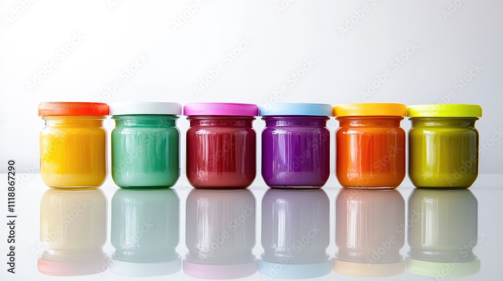 Colorful Glass Jars with Lids Filled with Vibrant Paints on White Surface Colorful Glass Jars with Lids Filled with Vibrant Paints on White Surface