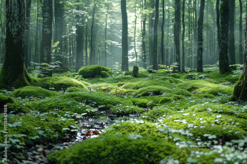 Fototapeta premium sunny forest landscape. Soft rays of light shine through the tall trees, illuminating the bright green moss that covers the ground. 