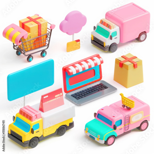 Colorful shopping theme stickers with delivery trucks, shopping cart, and online store icons photo