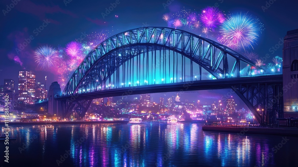 Fototapeta premium Vibrant Fireworks Display Above Iconic Bridge at Nighttime Scene