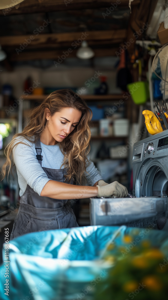 A portrait of a woman repairing a washing machine, showcasing her skills in household maintenance with tools and a feminine work attitude