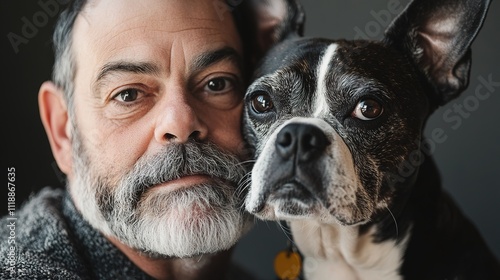 Dog couple and their owner who look hilariously alike, similar expressions. Fun photo of a human and his pet.