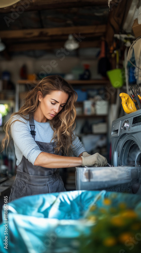 Obraz na płótnie A portrait of a woman repairing a washing machine, showcasing her skills in household maintenance with tools and a feminine work attitude w salonie