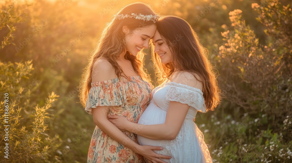 Fototapeta premium Two women embracing in a sunlit field, celebrating pregnancy.
