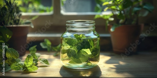 A glass jar of fresh herbs and water on a wooden table photo