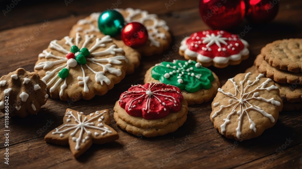 Holiday cookies arranged on a wooden surface Holiday cookies arranged on a wooden surface