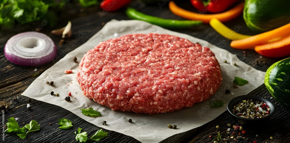 Raw ground meat patty on parchment paper with vegetables and spices in the background. Raw ground meat patty on parchment paper with vegetables and spices in the background.