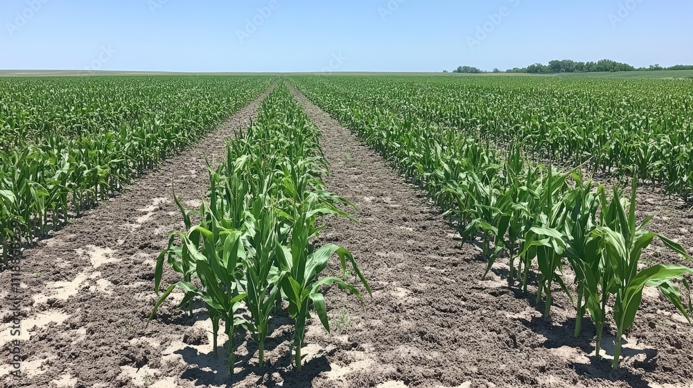 Fototapeta premium Lush Green Cornfield Under Clear Blue Sky in Vast Landscape