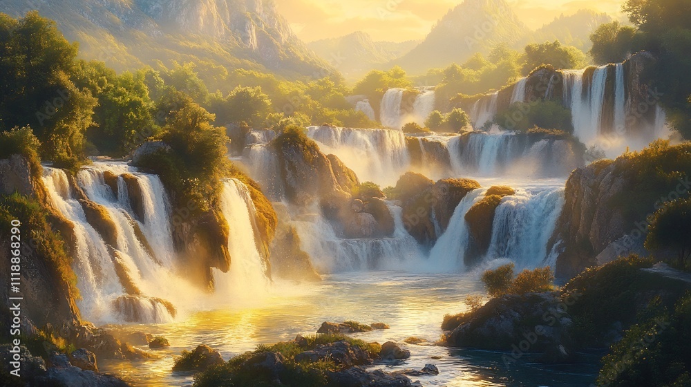 Majestic waterfalls cascading down rocky cliffs in a lush mountain valley at golden hour. Sunlight illuminates the water, creating a stunning natural scene. Majestic waterfalls cascading down rocky cliffs in a lush mountain valley at golden hour. Sunlight illuminates the water, creating a stunning natural scene.