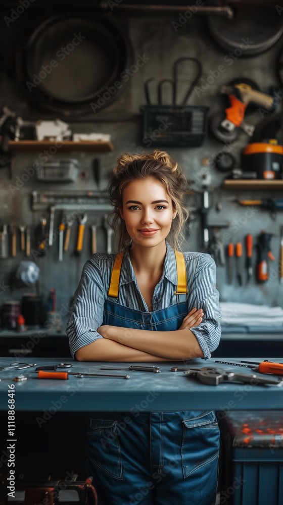A portrait of a woman female worker in a workshop, surrounded by tools, showcasing a feminine attitude in the engineering and repair industry