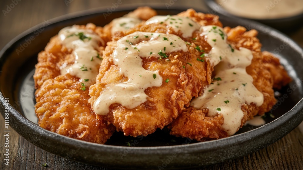 Crispy fried chicken topped with creamy sauce on a plate. Crispy fried chicken topped with creamy sauce on a plate.