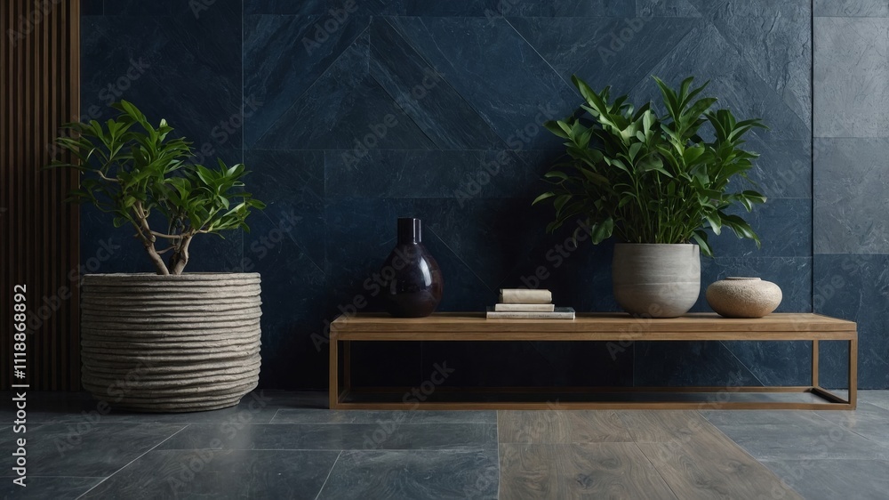 Modern interior design with dark blue stone wall Modern interior design with dark blue stone wall