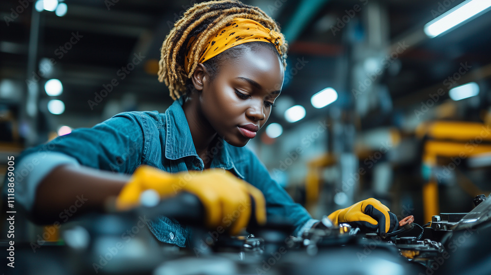 An African American woman mechanic is working on repairing and fixing cars and engines in the automotive construction industry, showcasing her skills in engineering