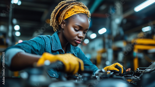 Obraz na płótnie An African American woman mechanic is working on repairing and fixing cars and engines in the automotive construction industry, showcasing her skills in engineering w salonie
