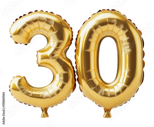 golden foil number balloons celebrating 30th anniversary or birthday on transparent background. festive decoration and party supplies concept