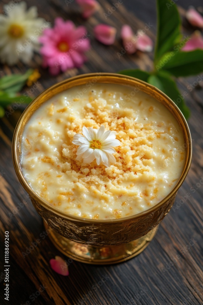 Close up of a creamy, sweet oatmeal topped with crushed nuts and garnished with fresh herbs and flowers. Close up of a creamy, sweet oatmeal topped with crushed nuts and garnished with fresh herbs and flowers.