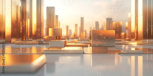 Golden cityscape at sunset, abstract geometric shapes and reflections.