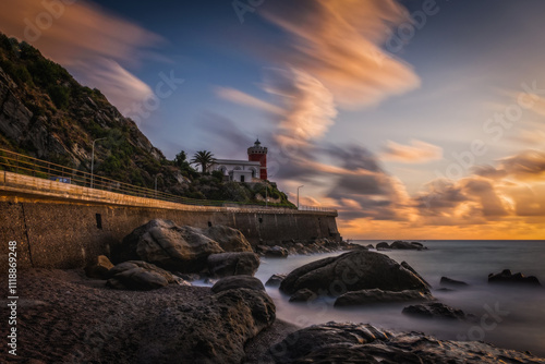 Lighthouse in Capo d Orlando on island Sicily, Italy. Sunset time. long exposure picture. August 2024