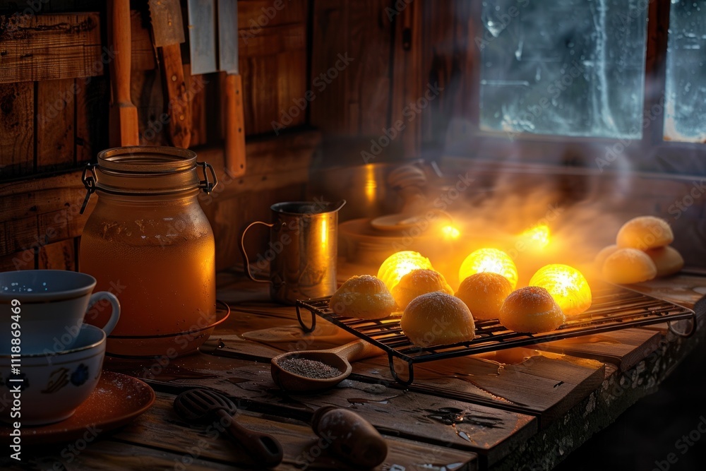 Warm, rustic kitchen scene with freshly baked goods cooling on a wire rack, illuminated by candlelight. Warm, rustic kitchen scene with freshly baked goods cooling on a wire rack, illuminated by candlelight.