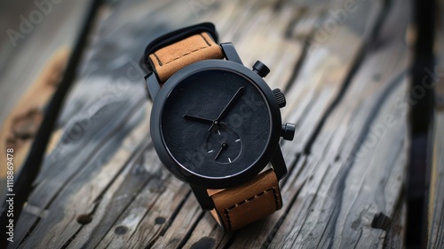 Wallpaper Mural Black chronograph watch with tan leather strap on rustic wood. Torontodigital.ca