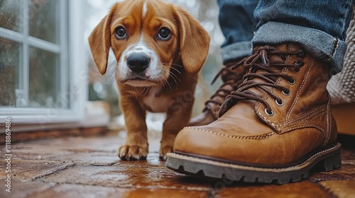 A small beagle puppy gazes up with big eyes, standing near a pair of rugged brown boots on a wet porch, embodying the joy of discovery on a rainy day photo