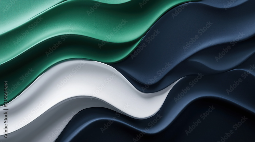 Abstract 3D Flowing Liquid-Like Wave Textures in Emerald Green, Navy Blue, and White Gradient Abstract 3D Flowing Liquid-Like Wave Textures in Emerald Green, Navy Blue, and White Gradient