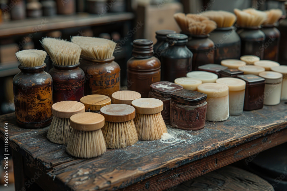 a set of various shaving brushes, jars and soap dishes neatly arranged on a wooden table. a set of various shaving brushes, jars and soap dishes neatly arranged on a wooden table.