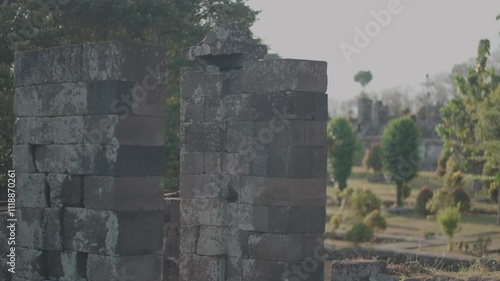 Yogyakarta, Indonesia - Candi Ratu Boko Palace archaeological site in Java. South of Prambanan temple complex during Sunset photo