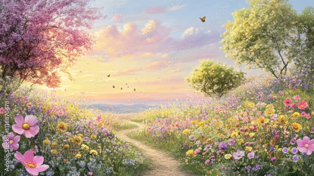 Serene sunrise over a colorful wildflower meadow with a path. Serene sunrise over a colorful wildflower meadow with a path.