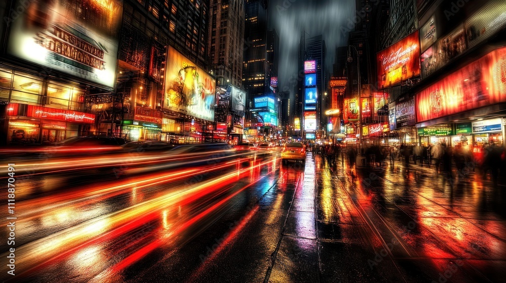 Obraz premium Night cityscape with vibrant lights, blurred motion, and rain-slicked streets.