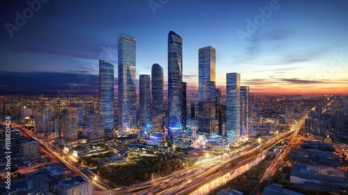 Stunning aerial cityscape at sunset, showcasing skyscrapers, highways, and city lights.