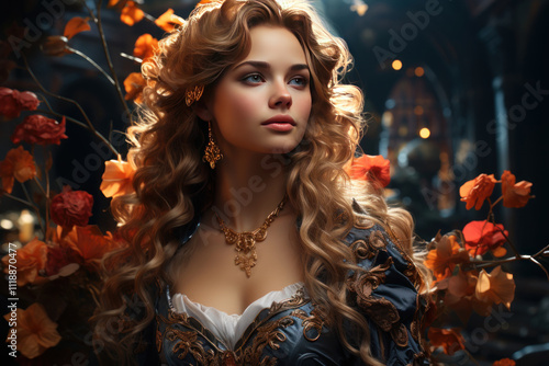 a young woman with long wavy blond hair, dressed in a luxurious dress with gold jewelry. It is in a romantic setting decorated with bright orange and red flowers. 