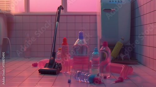 Cleaning supplies and vacuum cleaner in a retro kitchen at sunset. photo