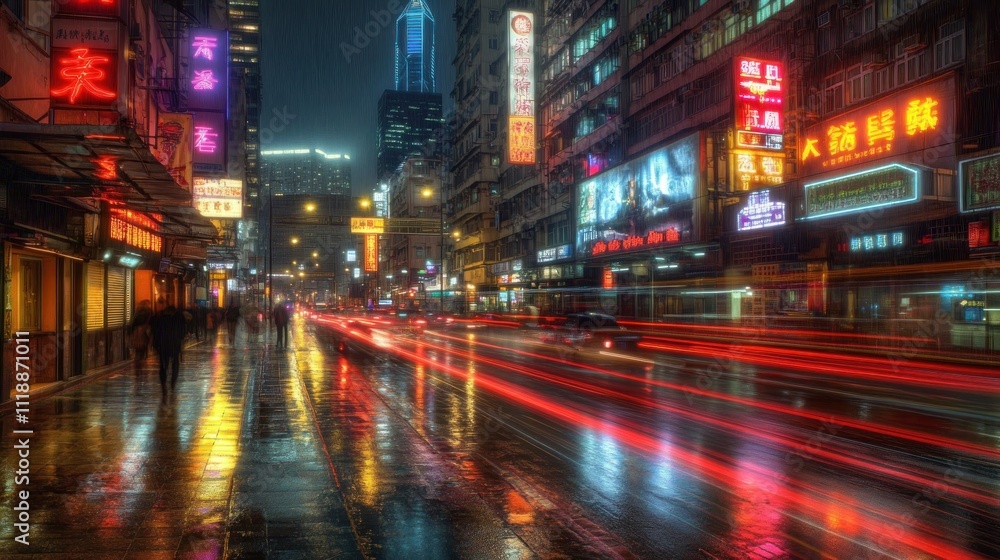 Night cityscape with vibrant lights, rain-slicked streets, and blurred traffic. Night cityscape with vibrant lights, rain-slicked streets, and blurred traffic.