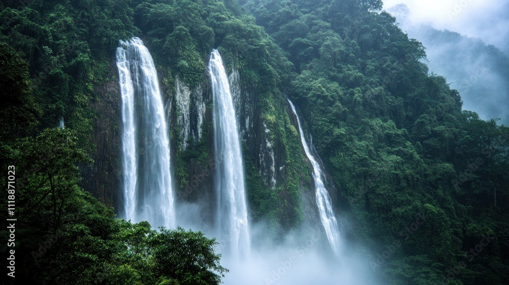 Triple waterfall cascading down a lush green cliff face, mist rising. Triple waterfall cascading down a lush green cliff face, mist rising.