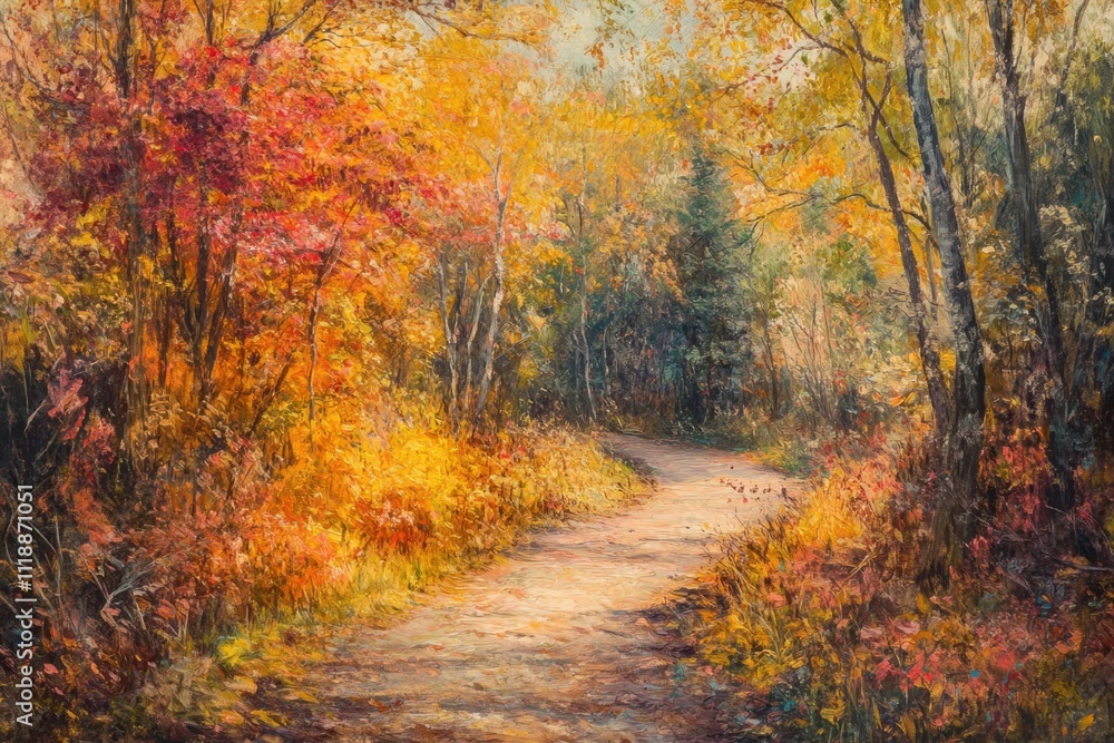 Serene Autumn Pathway with Vibrant Foliage Serene Autumn Pathway with Vibrant Foliage