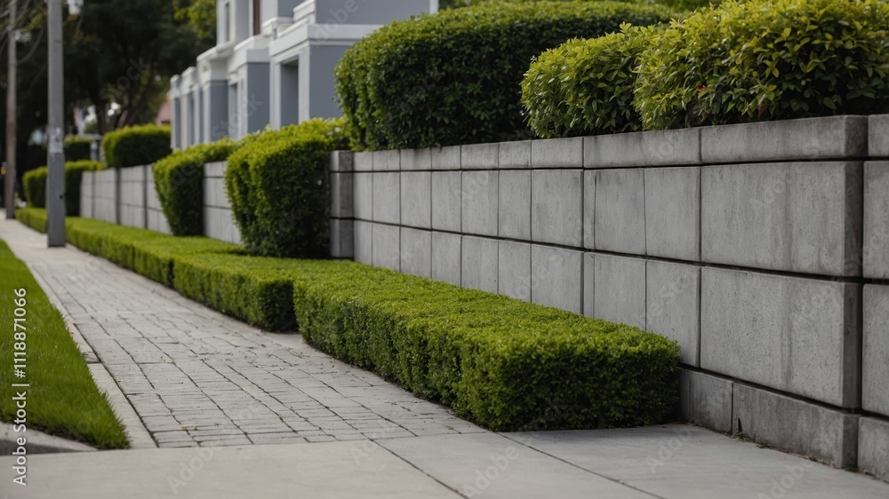 Residential boundary with concrete blocks and hedge sidewalk Residential boundary with concrete blocks and hedge sidewalk