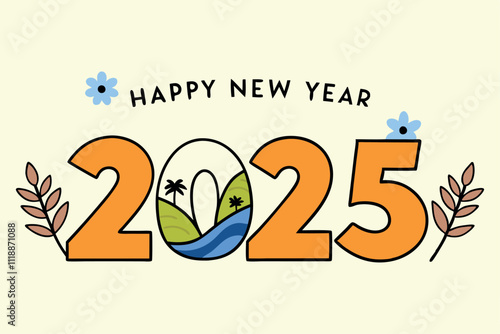 A vibrant Happy New Year 2025 illustration with bold letters and decorative leaves and flowers for a cheerful greeting