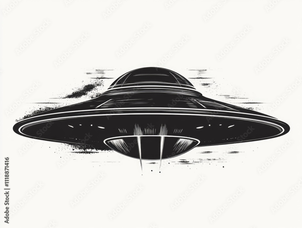 Black and white illustration of an alien spacecraft with a distinctive dome shape, floating above the ground. The style is abstract and gives a sense of mystery and otherworldly intrigue. Black and white illustration of an alien spacecraft with a distinctive dome shape, floating above the ground. The style is abstract and gives a sense of mystery and otherworldly intrigue.