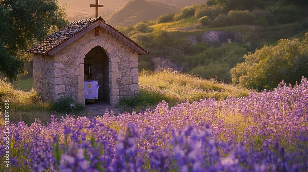 Stone chapel nestled in a field of purple wildflowers at sunset.