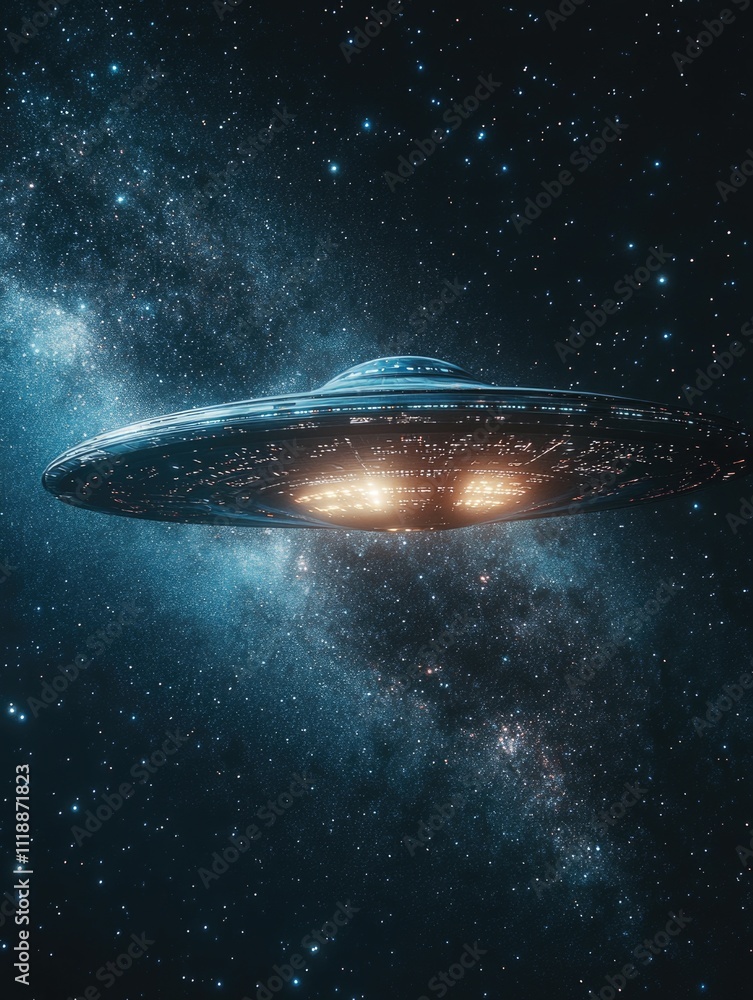 A sleek flying saucer spaceship in the cosmos with stars and nebulas surrounding it. A sleek flying saucer spaceship in the cosmos with stars and nebulas surrounding it.