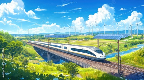 High-speed train crossing a bridge in a sunny landscape with wind turbines and solar panels.