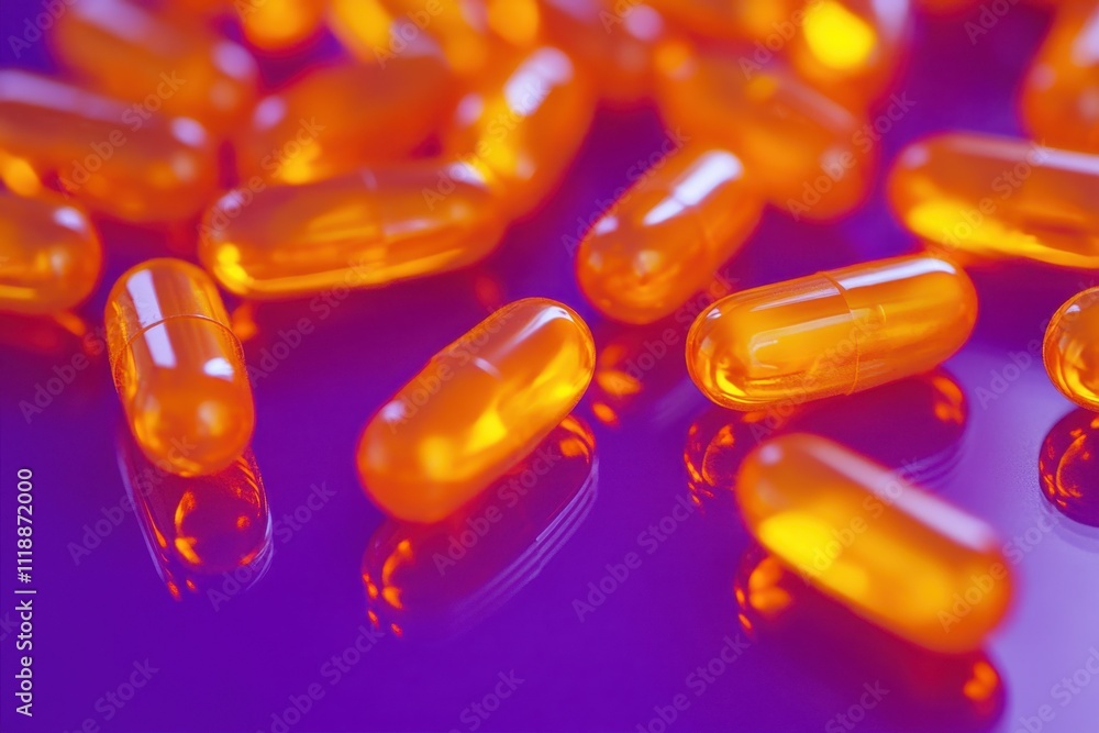 Shiny Orange Capsules on Purple Surface Shiny Orange Capsules on Purple Surface