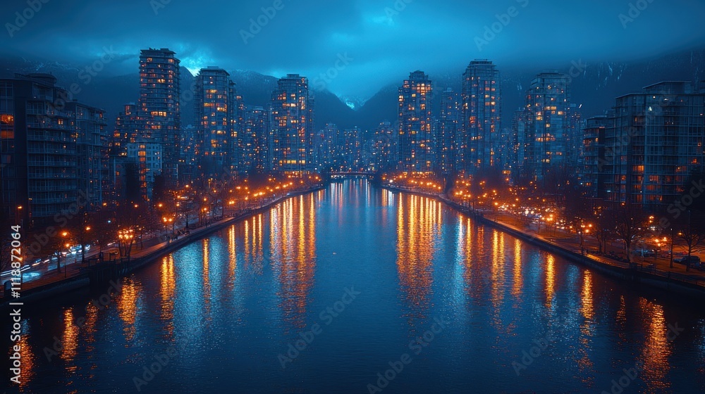 Fototapeta premium Night cityscape with illuminated buildings reflected in calm water.